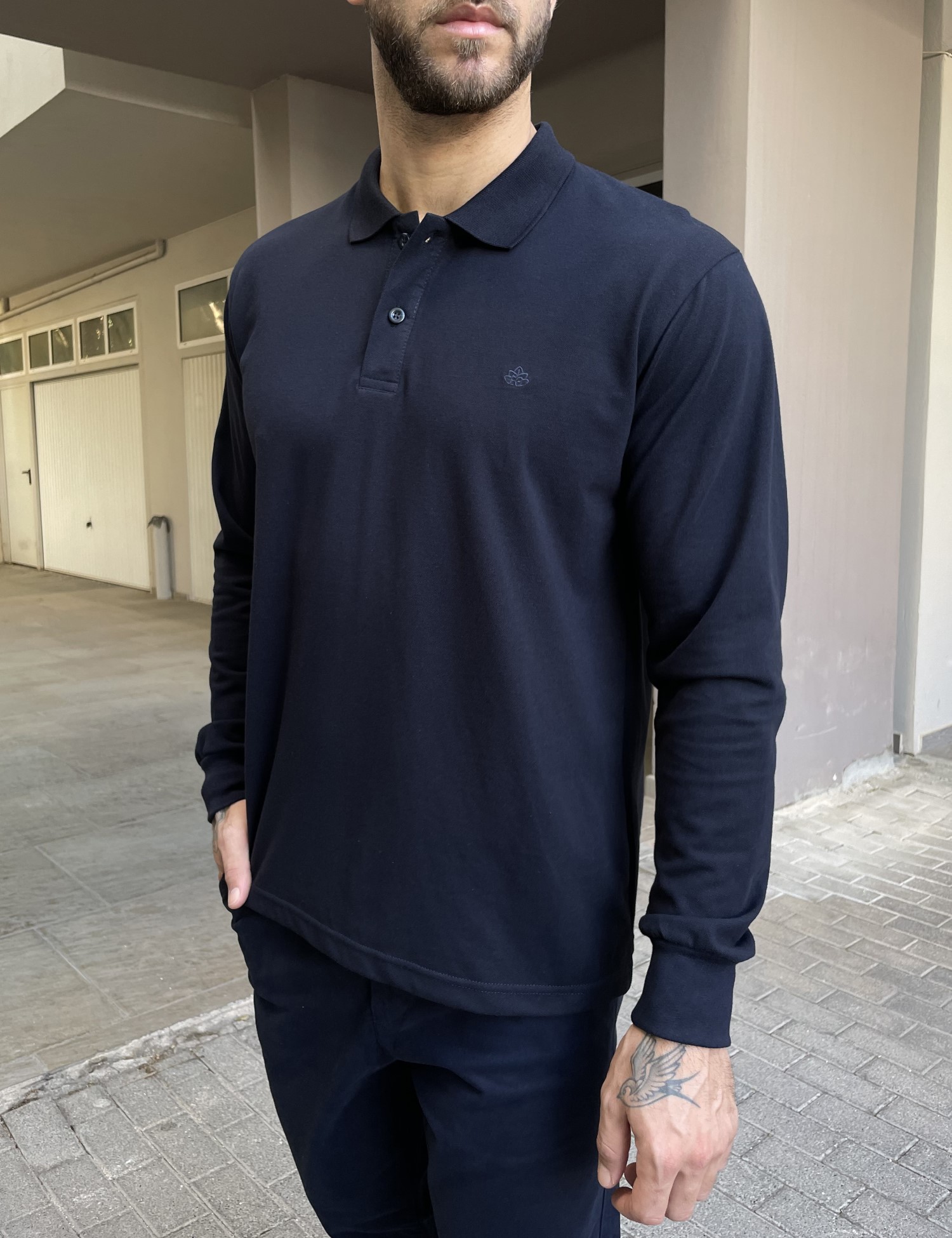 Everbest Ανδρική μπλε navy πικέ Polo μακρυμάνικη μπλούζα Plus size 2610200B φωτογραφία